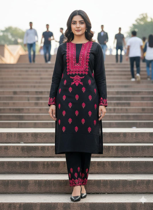 2PC EMBRIODARY LAWN COTTON BLACK PINK