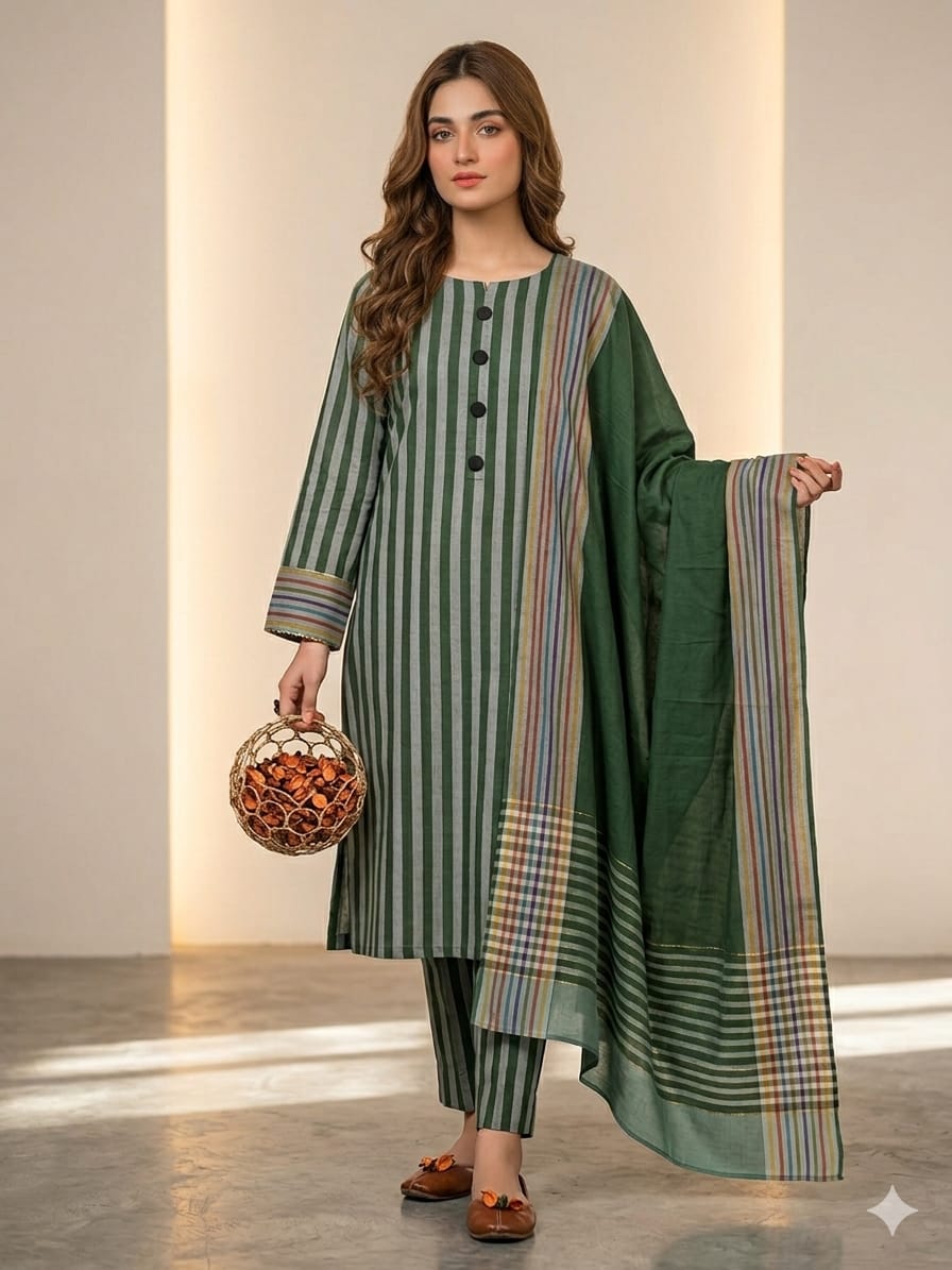 LAWN 3PC MULTANI KHADDI [GREEN LINNING]