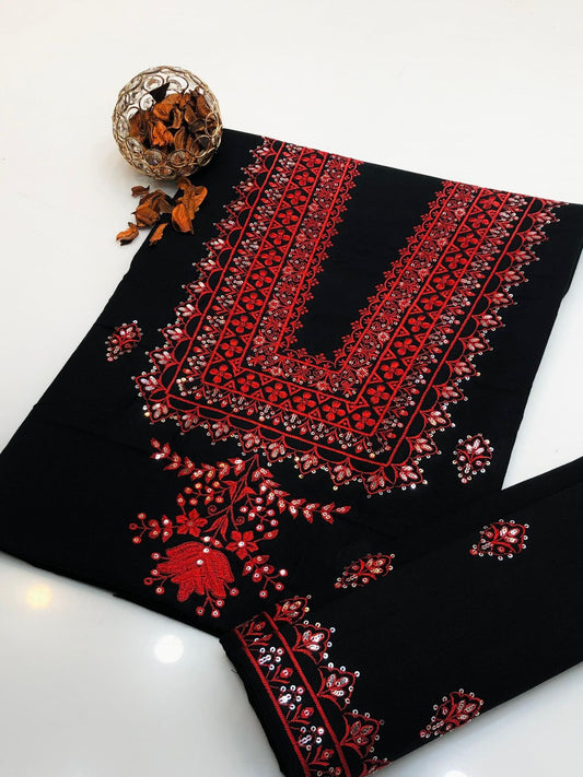 2PC EMBRIODARY LAWN COTTON BLACK RED