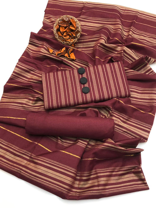 LAWN 3PC MULTANI KHADDI [MEHRRON]